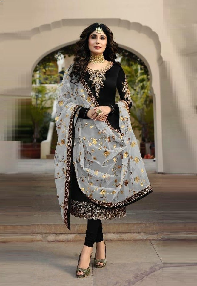 Graceful Black Color Satin Georgette Embroidered Stone Work Salwar Suit For Party Wear