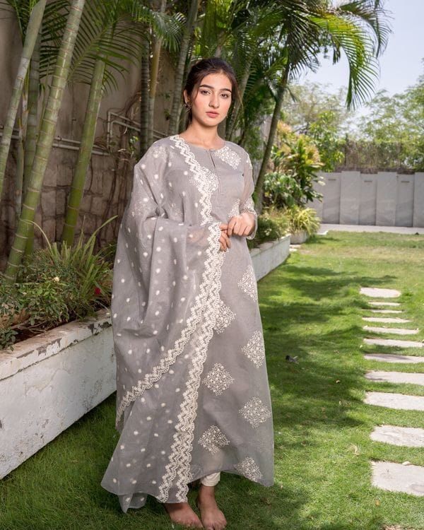 Flattering Grey Color Festive Wear Cotton Embroidered Work Plazo Salwar Suit