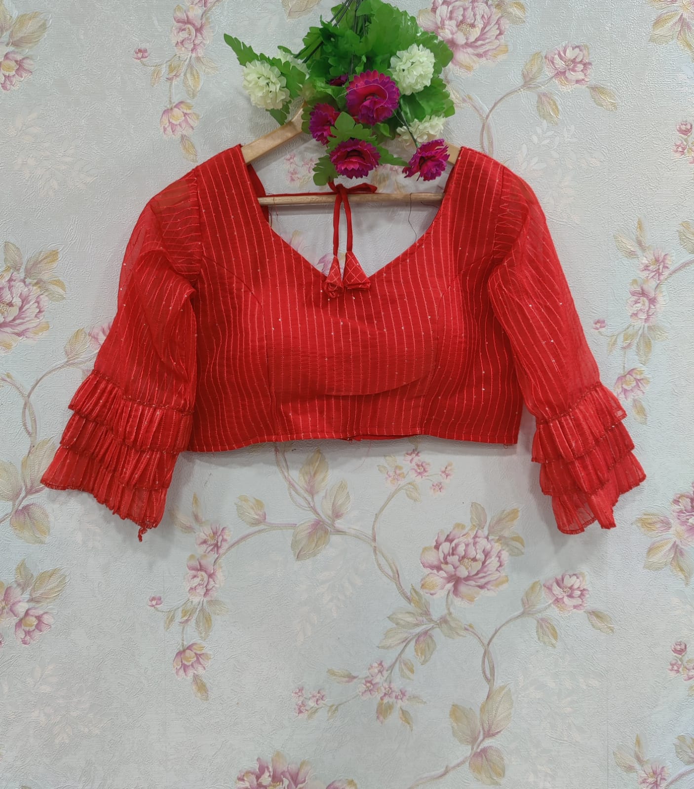 Smashing Red Color Organza Silk Printed Saree Blouse For Women