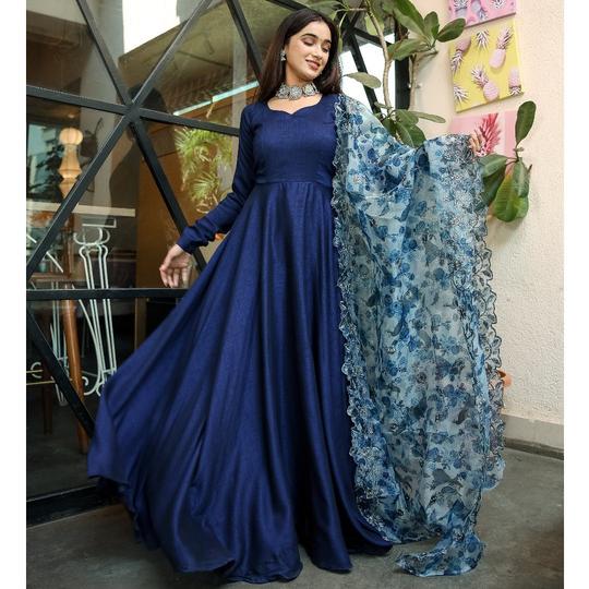 Captivation Blue Color Silk Ready Made Gown Dupatta For Casual Wear