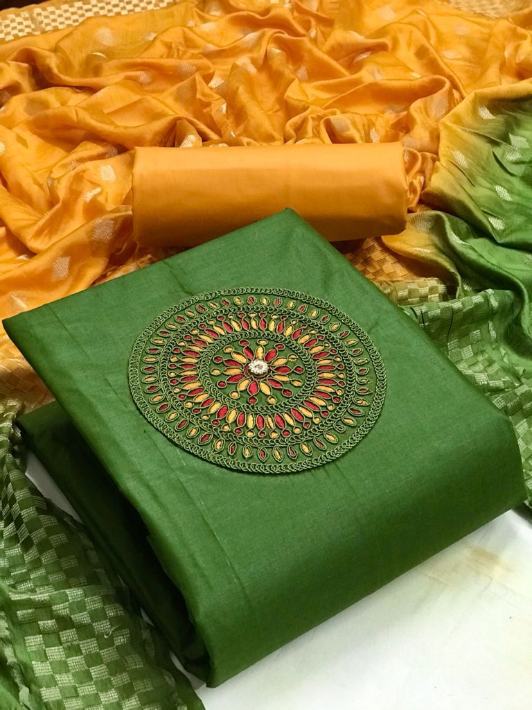 Delightful Green Color Cotton Coding Work Salwar Suit For Women