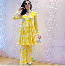 Load image into Gallery viewer, Adorable Yellow Color Party Wear Silk Chinon Printed Work Plazo Kurti

