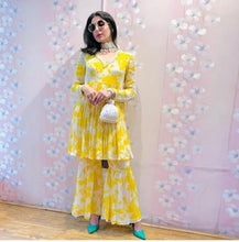Load image into Gallery viewer, Adorable Yellow Color Party Wear Silk Chinon Printed Work Plazo Kurti
