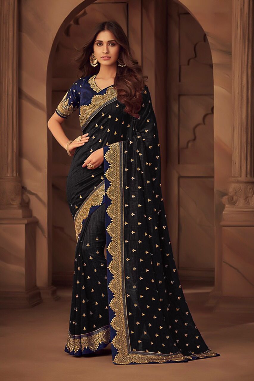 Pleasant Navy Blue Color Silk Embroidered Work Saree Blouse For Function Wear