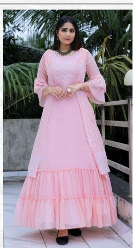 Graceful Pink Color Casual Wear Sequence Work Ready Made Georgette Gown