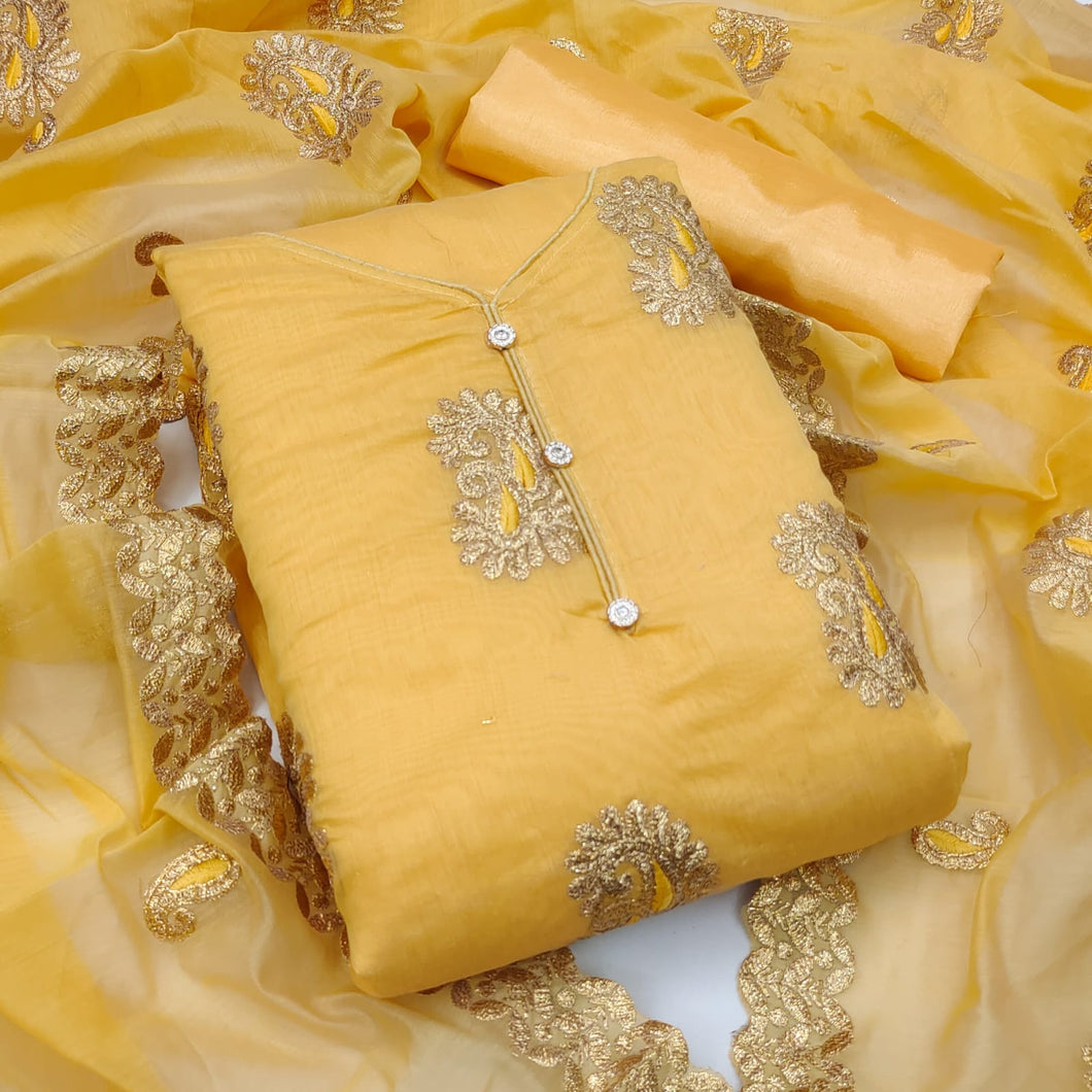 Amazing Yellow Color Party Wear Chanderi Embroidered Work Salwar Suit