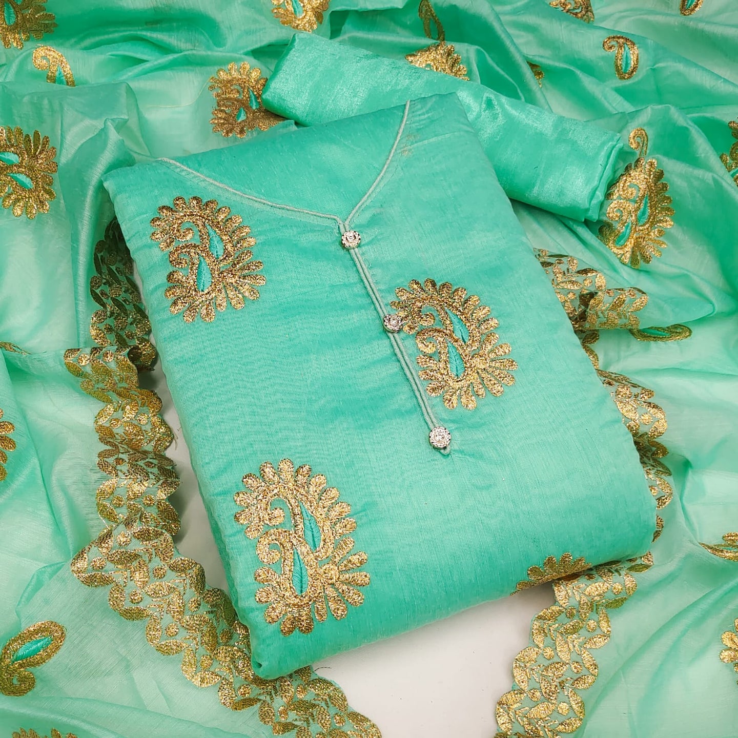 Starling Sea Green Color Chanderi Cut Work Salwar Suit For Women