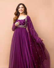 Load image into Gallery viewer, Artistic Wine Color Wedding Wear Georgette Embroidered Work Gown Dupatta
