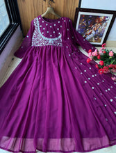 Load image into Gallery viewer, Artistic Wine Color Wedding Wear Georgette Embroidered Work Gown Dupatta
