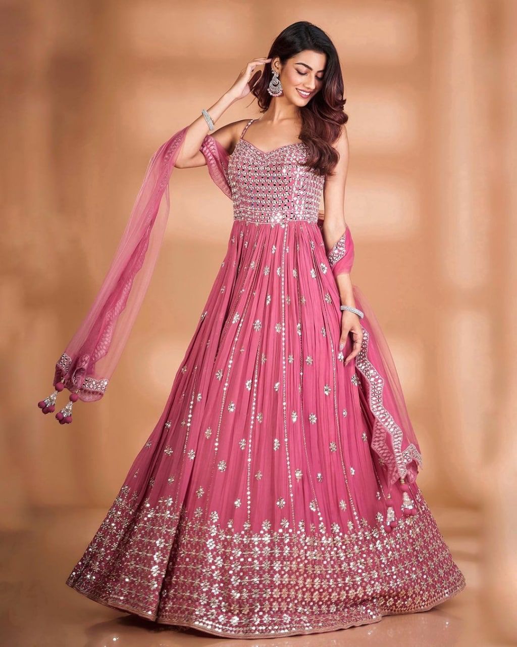 Trendy Pink Color Sequence Work Georgette Party Wear Dupatta Gown