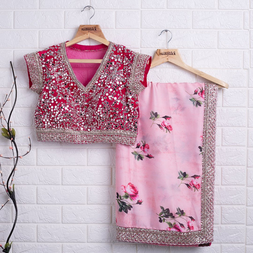Artistic Pink Color Georgette Silk Printed Mirror Work Wedding Wear Saree Blouse