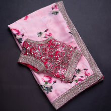 Load image into Gallery viewer, Artistic Pink Color Georgette Silk Printed Mirror Work Wedding Wear Saree Blouse
