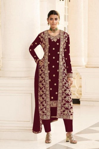 Wondrous Maroon Color Festival Wear Embroidered Work Georgette Salwar Suit