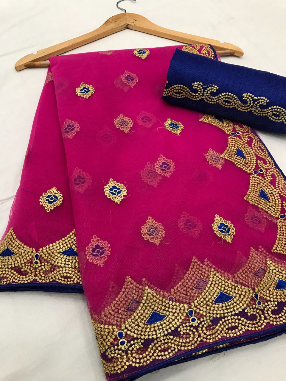 Unique Rani Pink Colored Heavy Net Embroidery Work Party Wear Saree