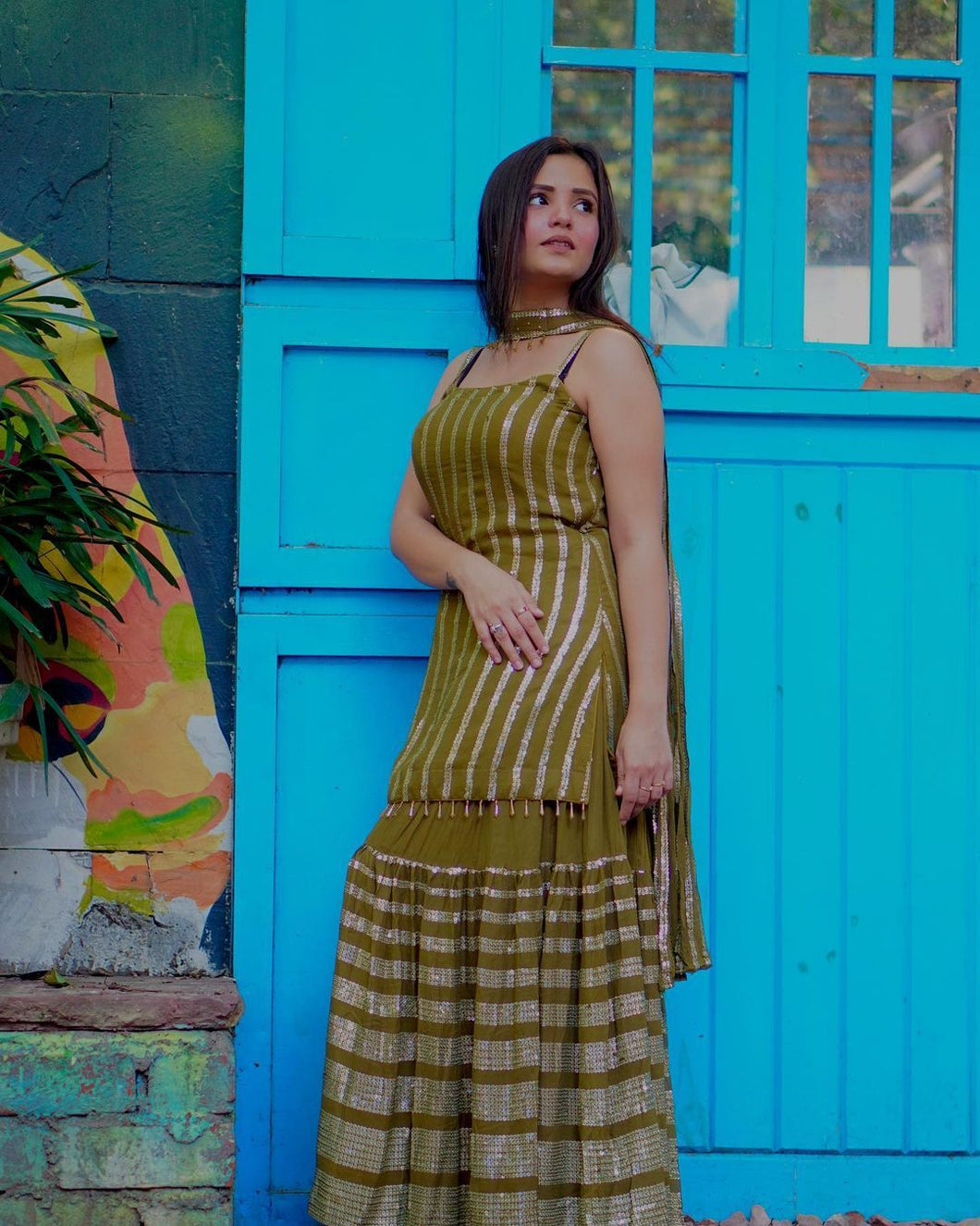 Stunning Green Color Sequence Moti Work Georgette Sharara Salwar Suit
