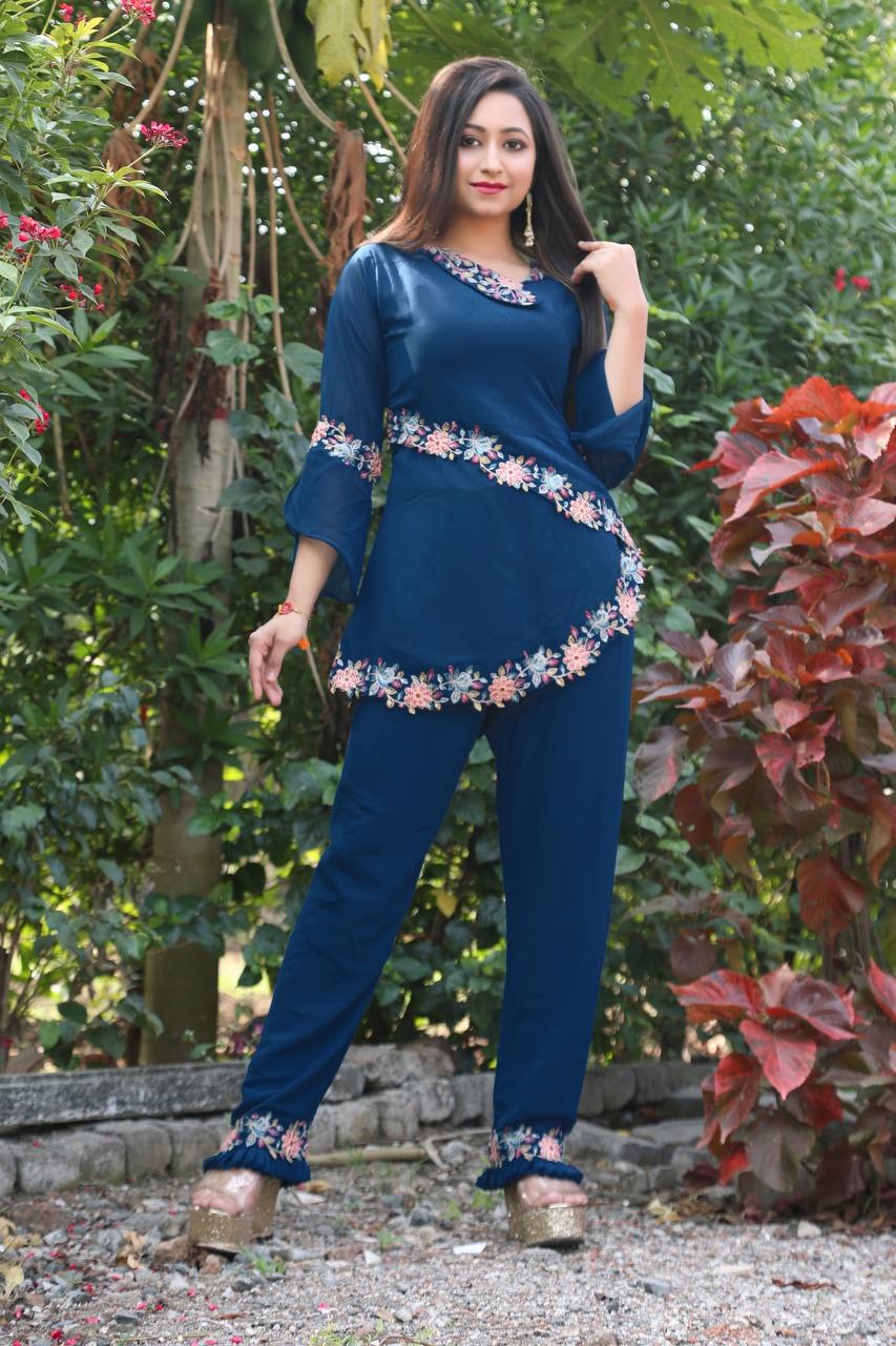 Alluring Blue Color Wedding Wear Georgette Embroidered Work Plazo Kurti