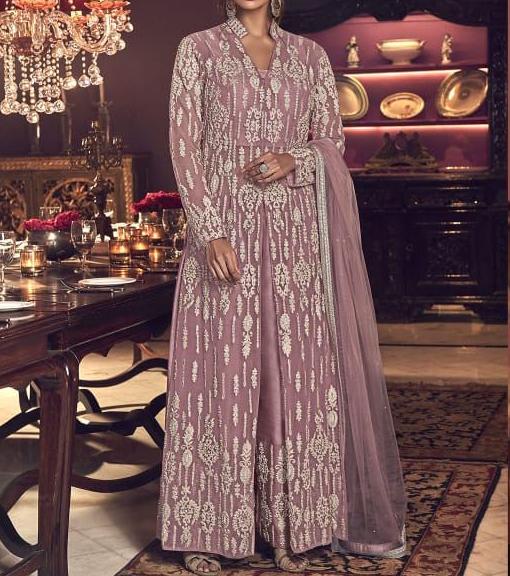 Bewildering Pink Color Net Function Wear Stone Work Design Salwar Suit