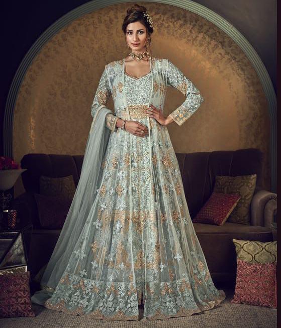 Good-looking Sea Green Color Net Design Stone Embroidered Work Salwar Suit