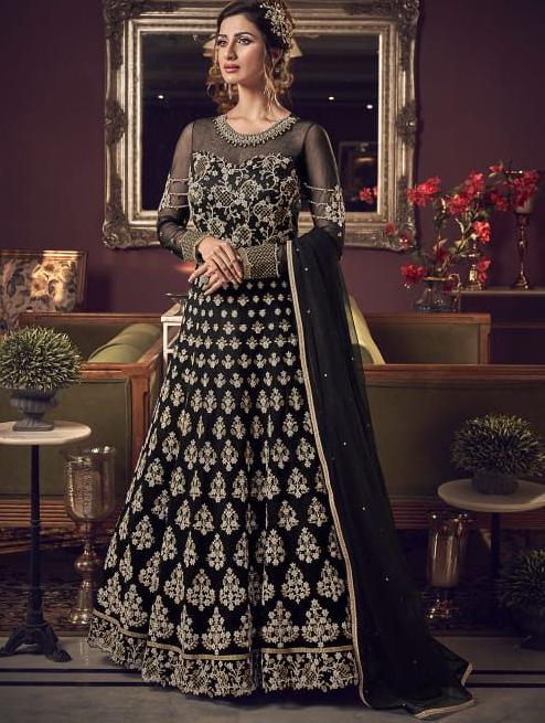Gorgeous Black Color Embroidered Work Net Party Wear Salwar Suit