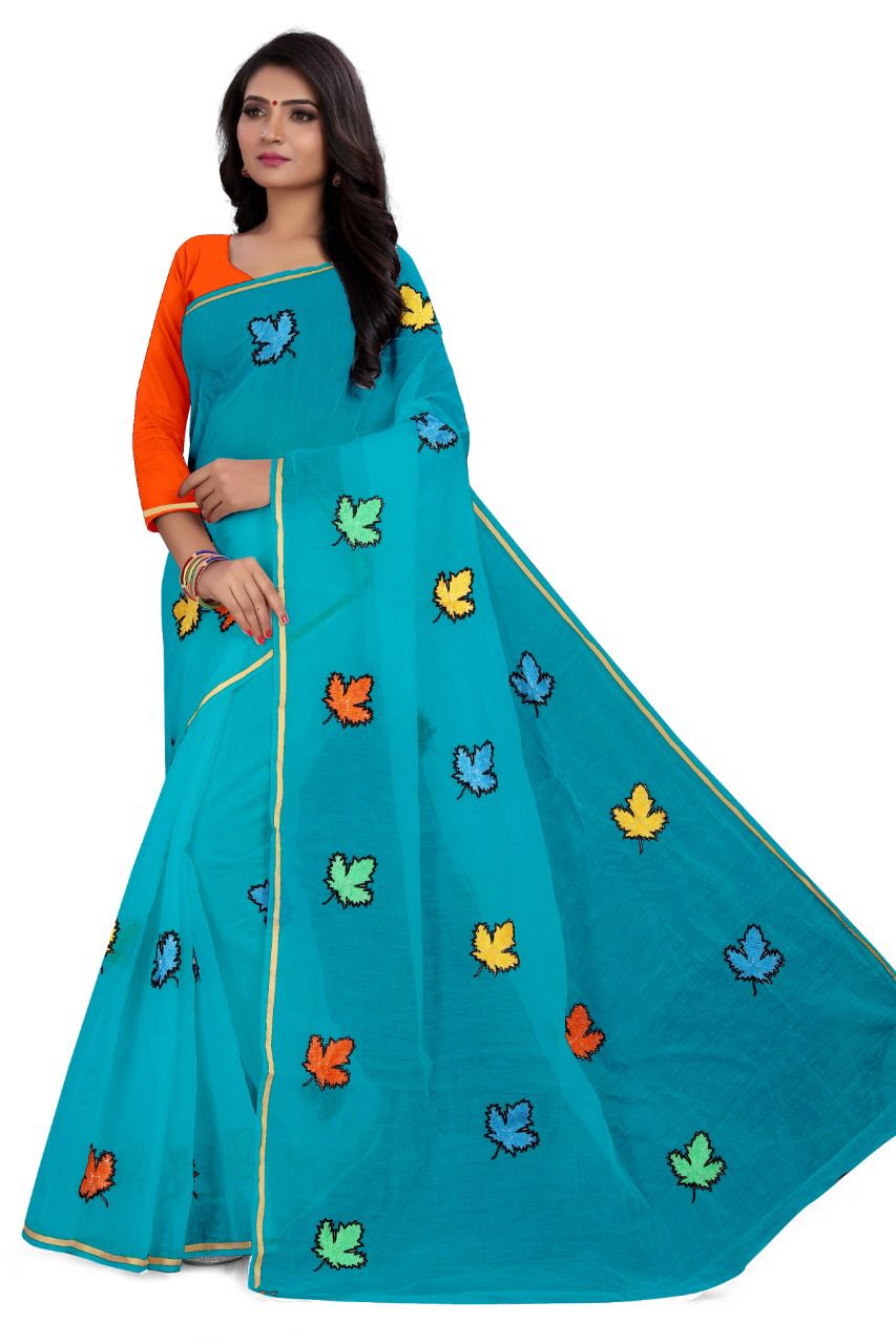 Impressive Sky Blue Color Festival Wear Embroidered Work Cotton Chanderi Saree Blouse