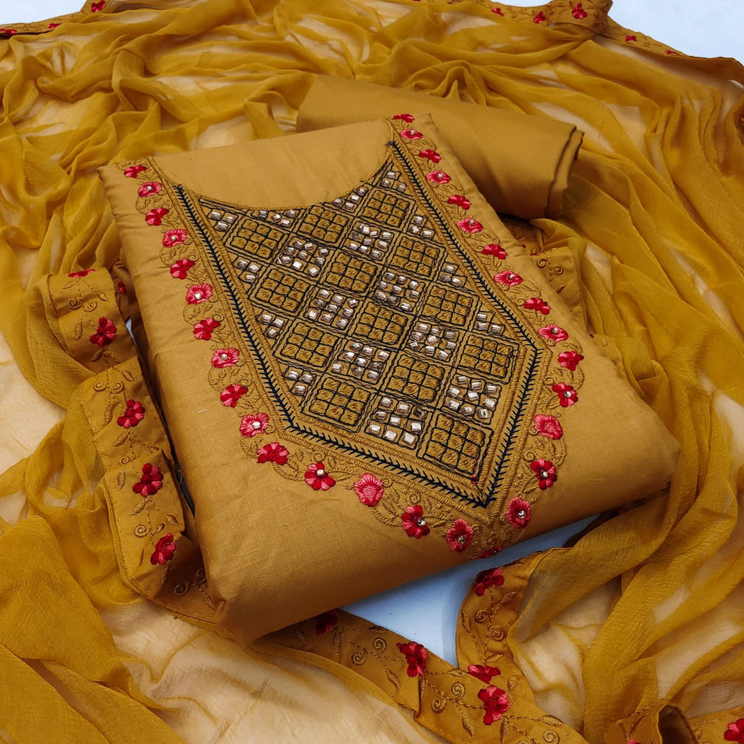 Refreshing Mustard Color Casual Wear Cotton Embroidered Work Salwar Suit