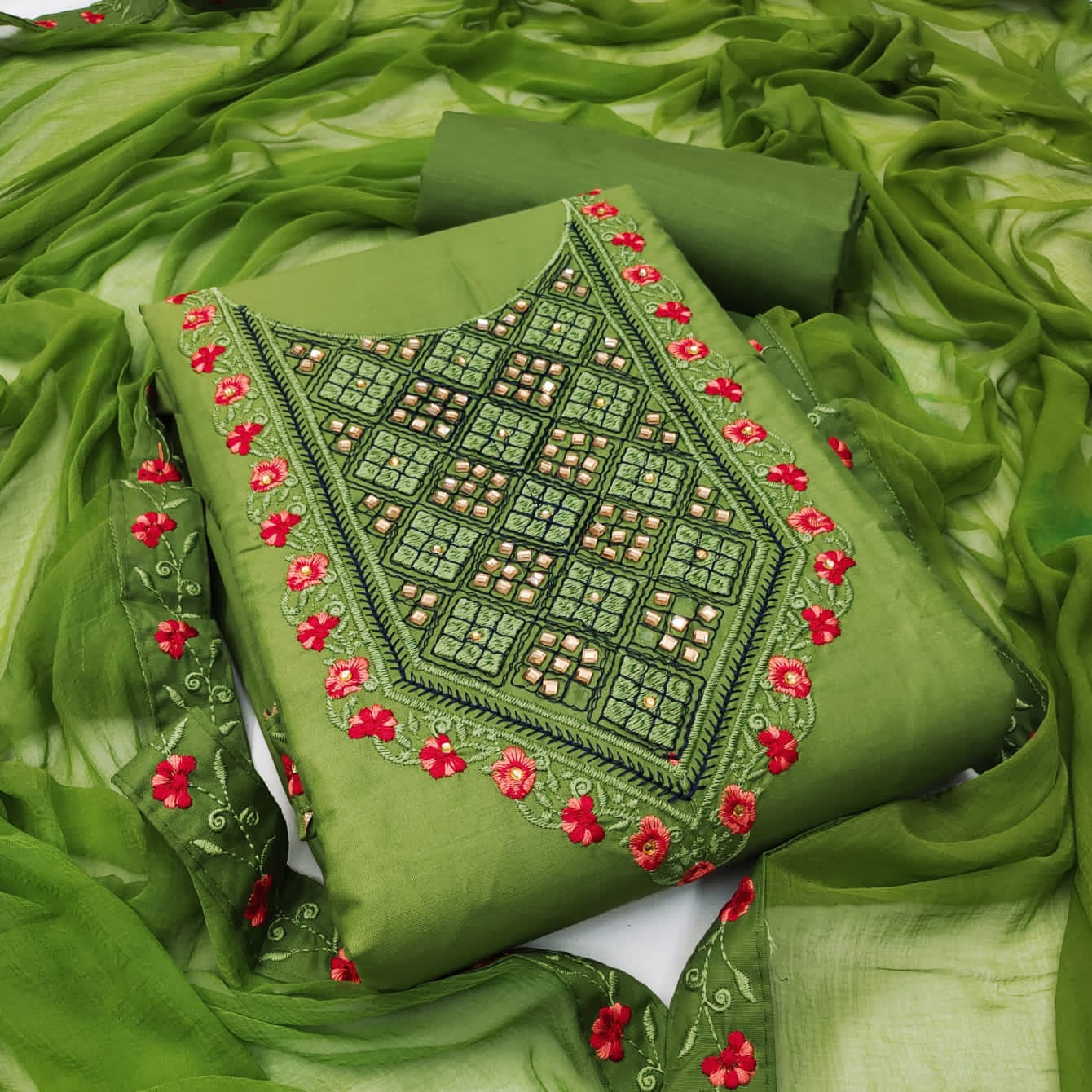 Preferable Green Color Embroidered Work Design Cotton Salwar Suit