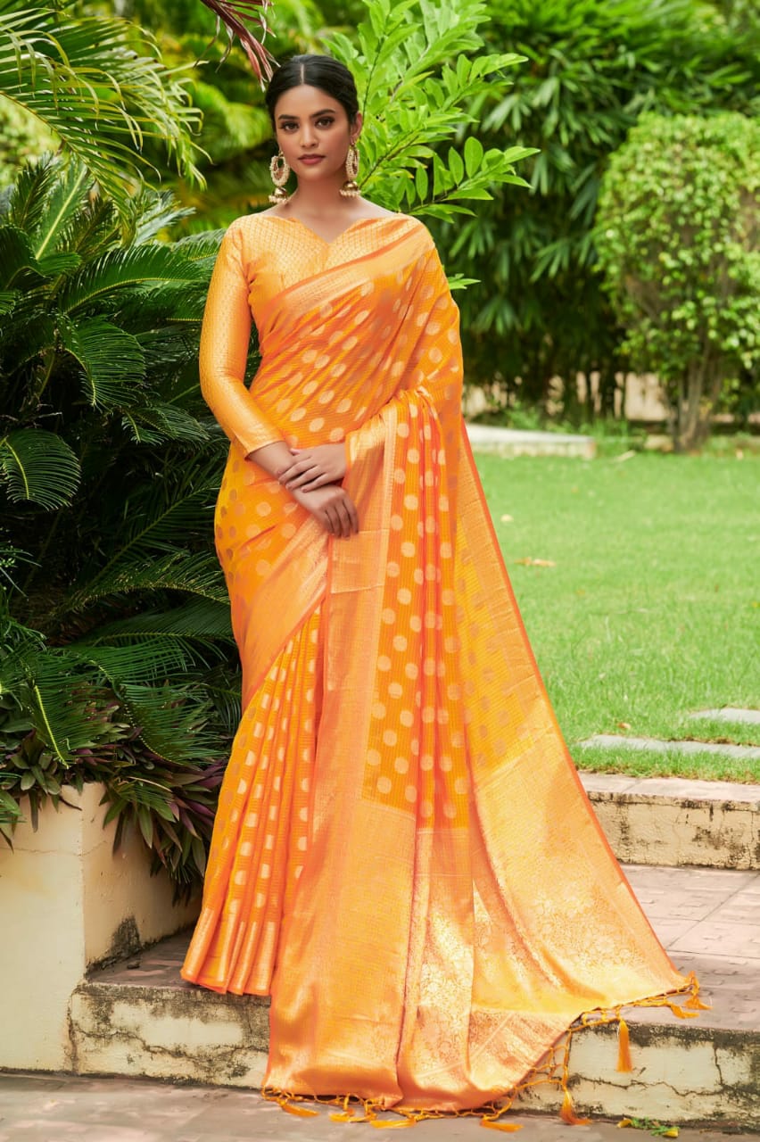 Sensational Mustard Color Chiffon Weaving Zari Function Wear Saree Blouse
