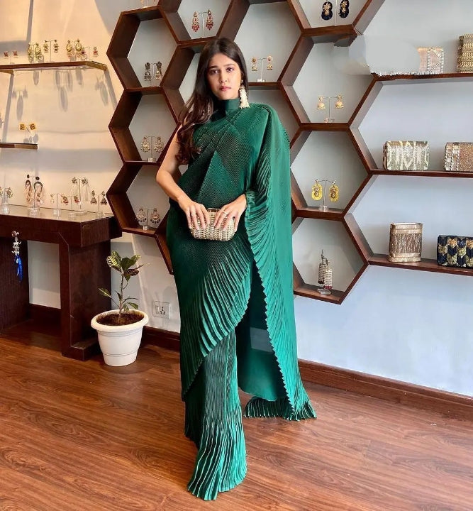 Flattering Satin Silk Pleated Work Saree Blouse For Wedding Wear