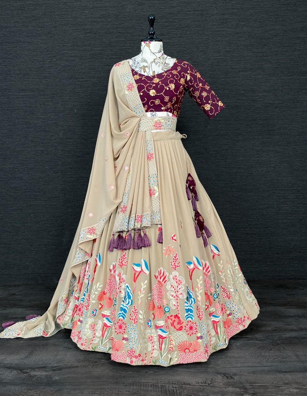 Adorable Cream Color Georgette Sequence Work Lehenga Choli For Wedding Wear