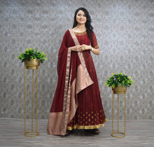 Load image into Gallery viewer, Entrancing Maroon Color Georgette Zari Thread Ready Made Dupatta Gown
