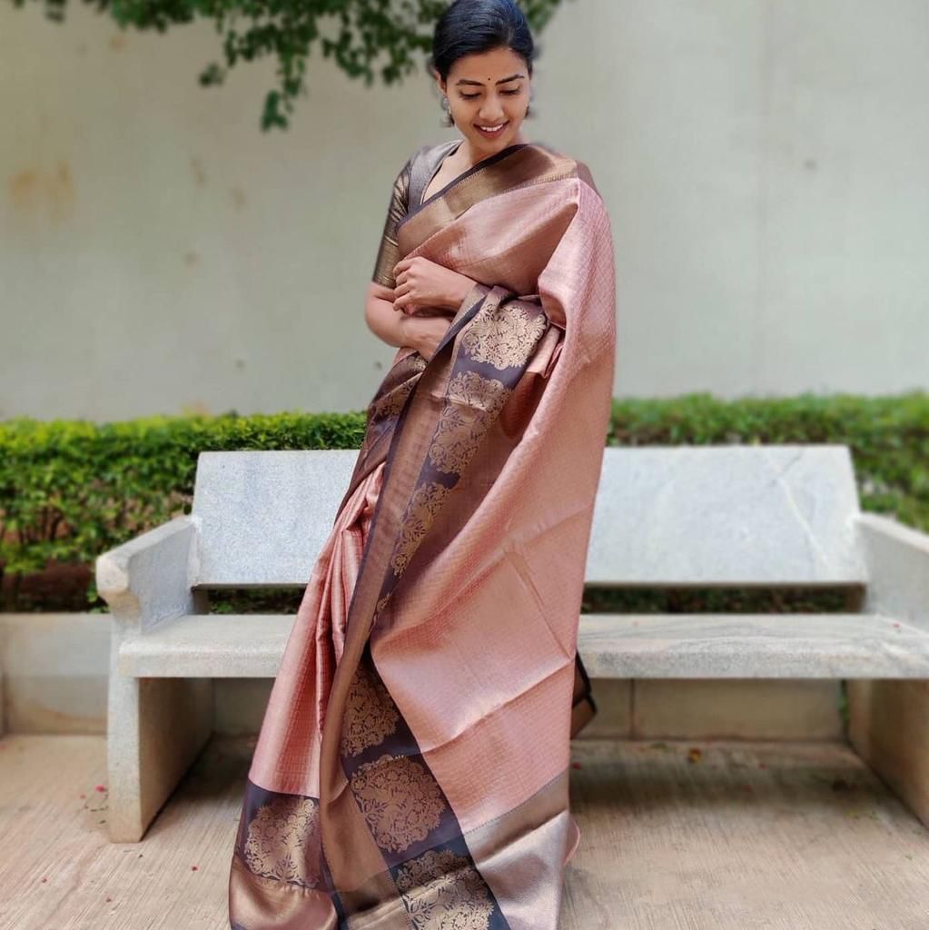 Knockout Light Pink Color Kanchipuram Silk Weaving Work Saree Blouse For Function Wear