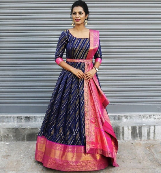 Extraordinary Blue Color Banarasi Silk Zari Weaving Ready Made Gown Dupatta For Function Wear