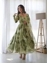 Load image into Gallery viewer, Mehendi Green Soft Organza Silk Printed Anarkali Gown Set Pant Dupatta
