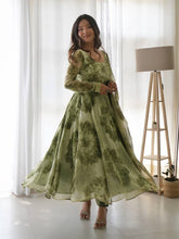 Load image into Gallery viewer, Mehendi Green Soft Organza Silk Printed Anarkali Gown Set Pant Dupatta
