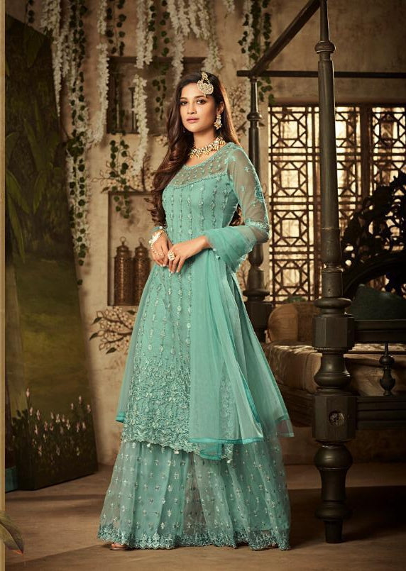 Admiring Light Blue Color Net Embroidered Work Sharara Suit For Wedding Wear