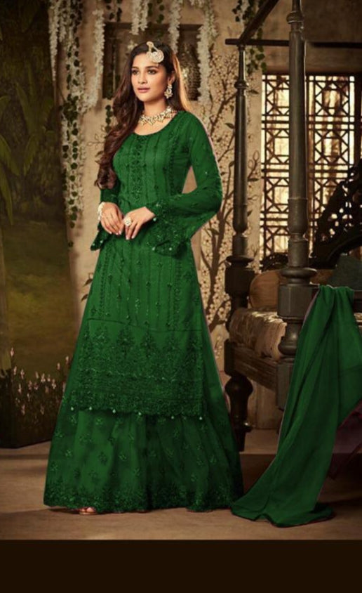 Prominent Green Color Wedding Wear Embroidered Work Net Design Plazo Suit