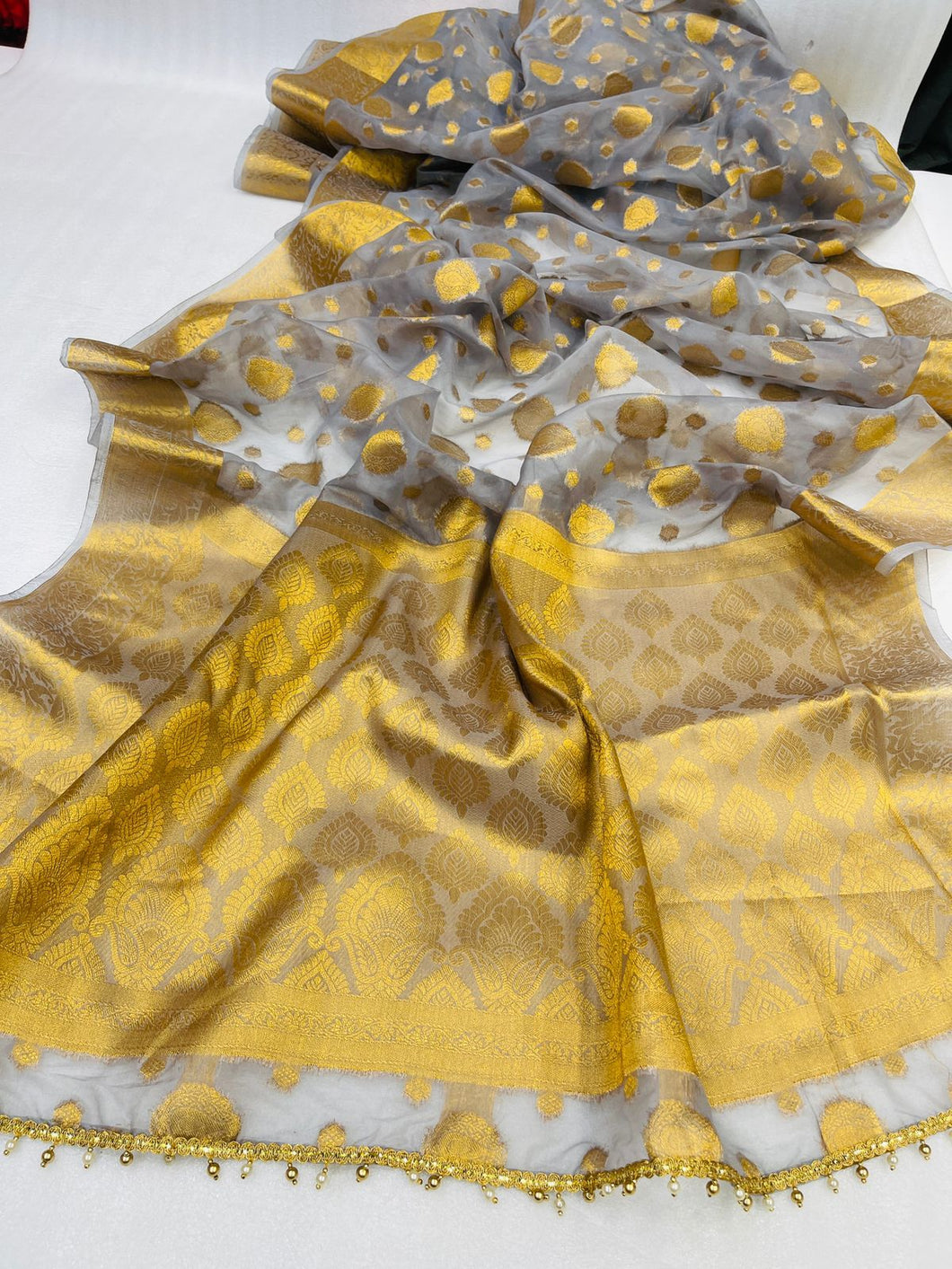 Prodigious Grey Color Organza Zari Weaving Work Saree Blouse For Wedding Wear