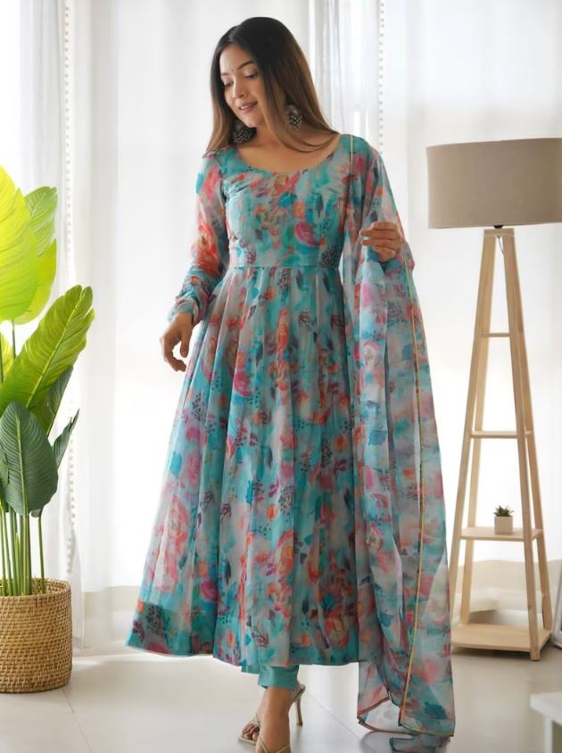 Firozi Soft Organza Silk Printed Anarkali Gown Set Pant Dupatta