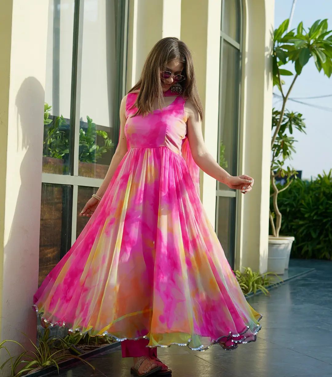 Wedding Wear Organza Silk Printed Readymade Anarkali Gown