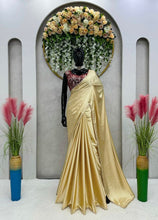 Load image into Gallery viewer, Golden J-pan Satin Silk Plain Saree with Velvet Work Blouse
