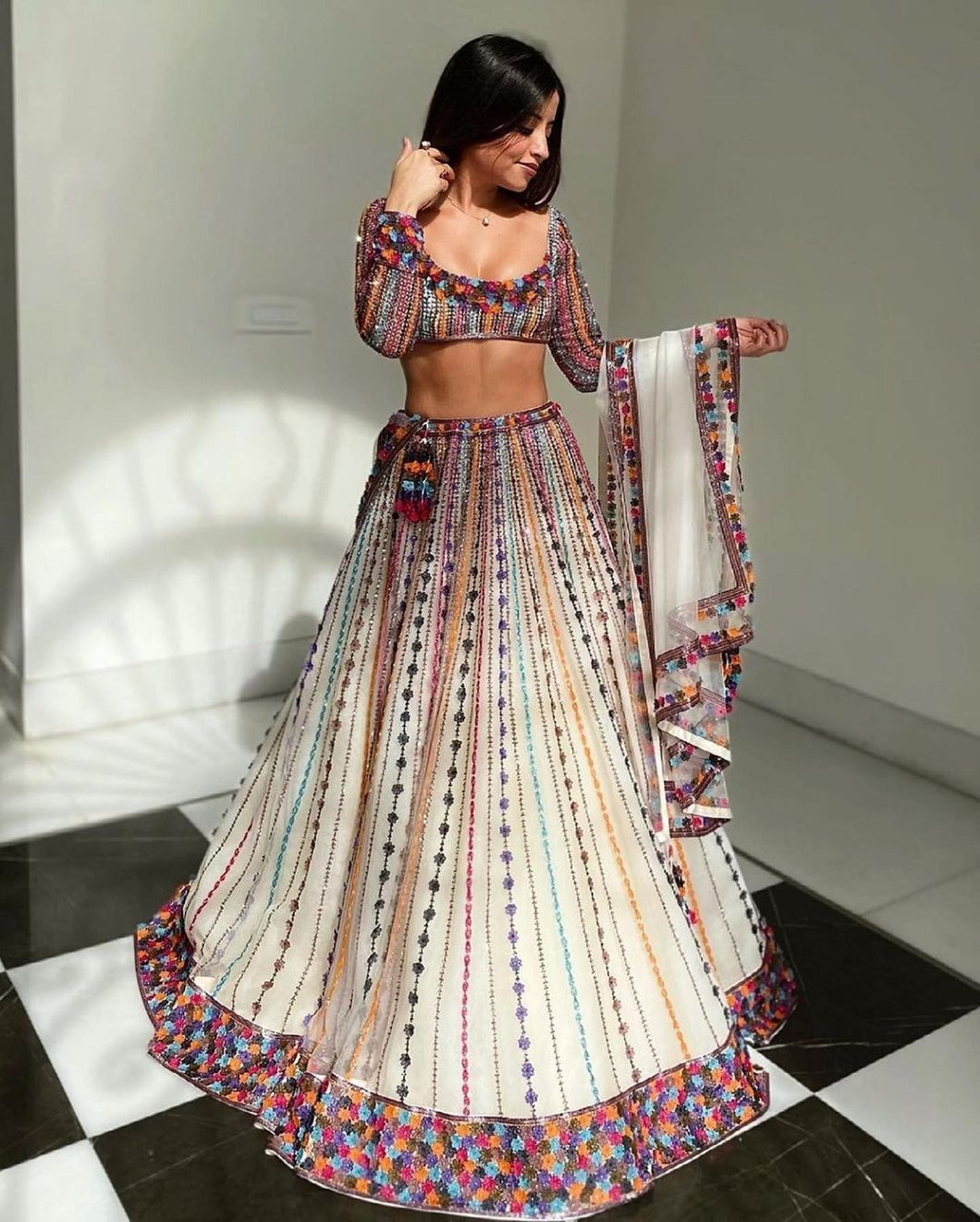 Pleasant White Color Georgette Embroidered Work Lehenga Choli For Wedding Wear