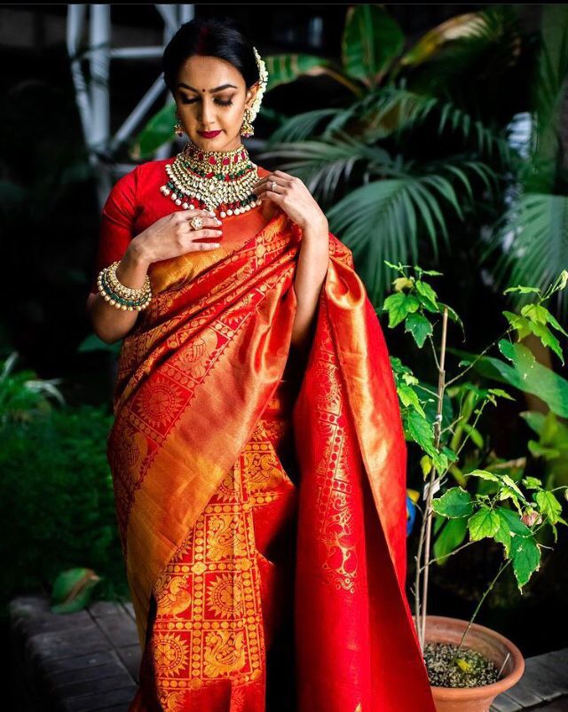 Refreshment Red Color Art Silk Golen Weaving Designer Wedding Wear Saree Blouse