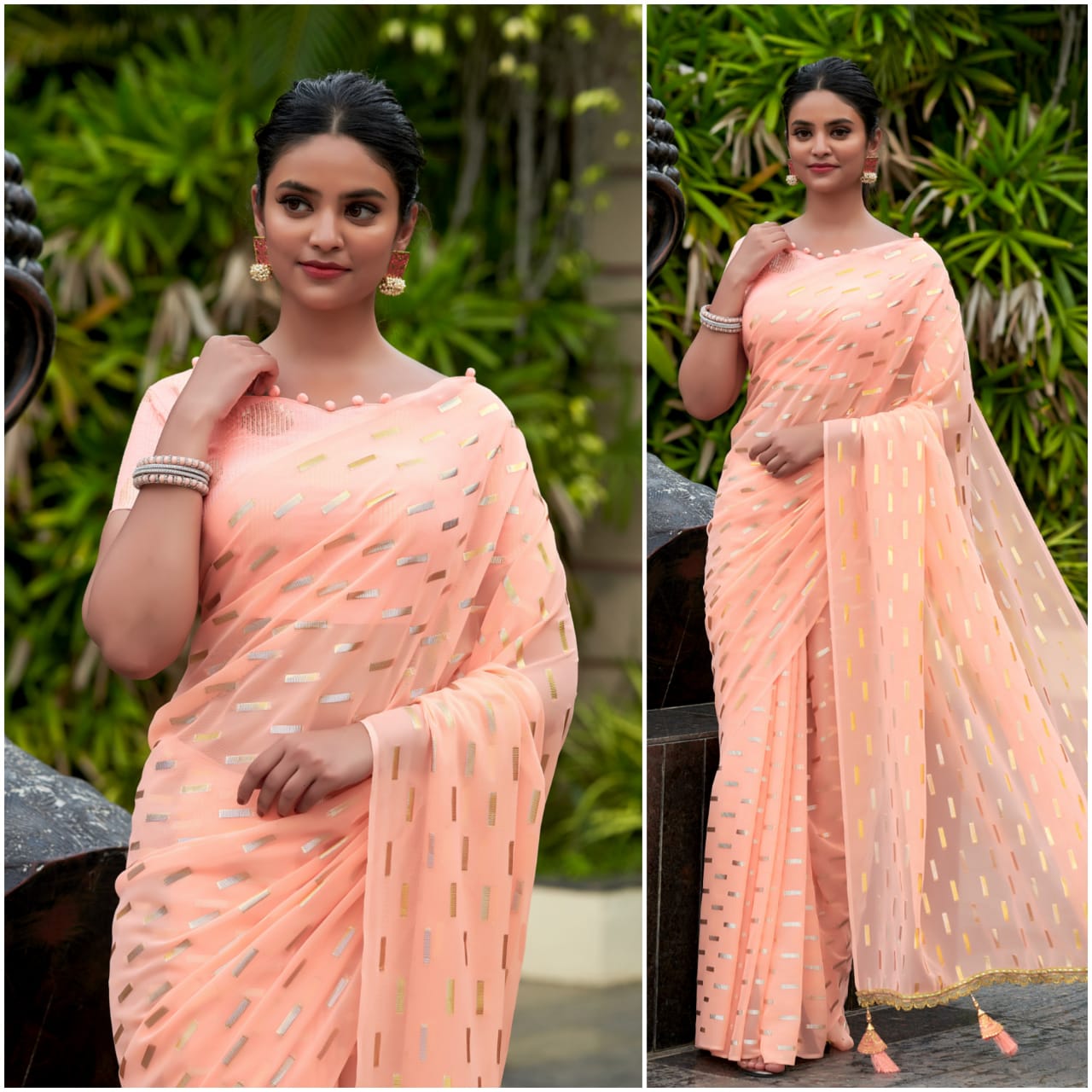 Refresing Peach Color Georgette Zari Work Saree Blouse For Function Wear