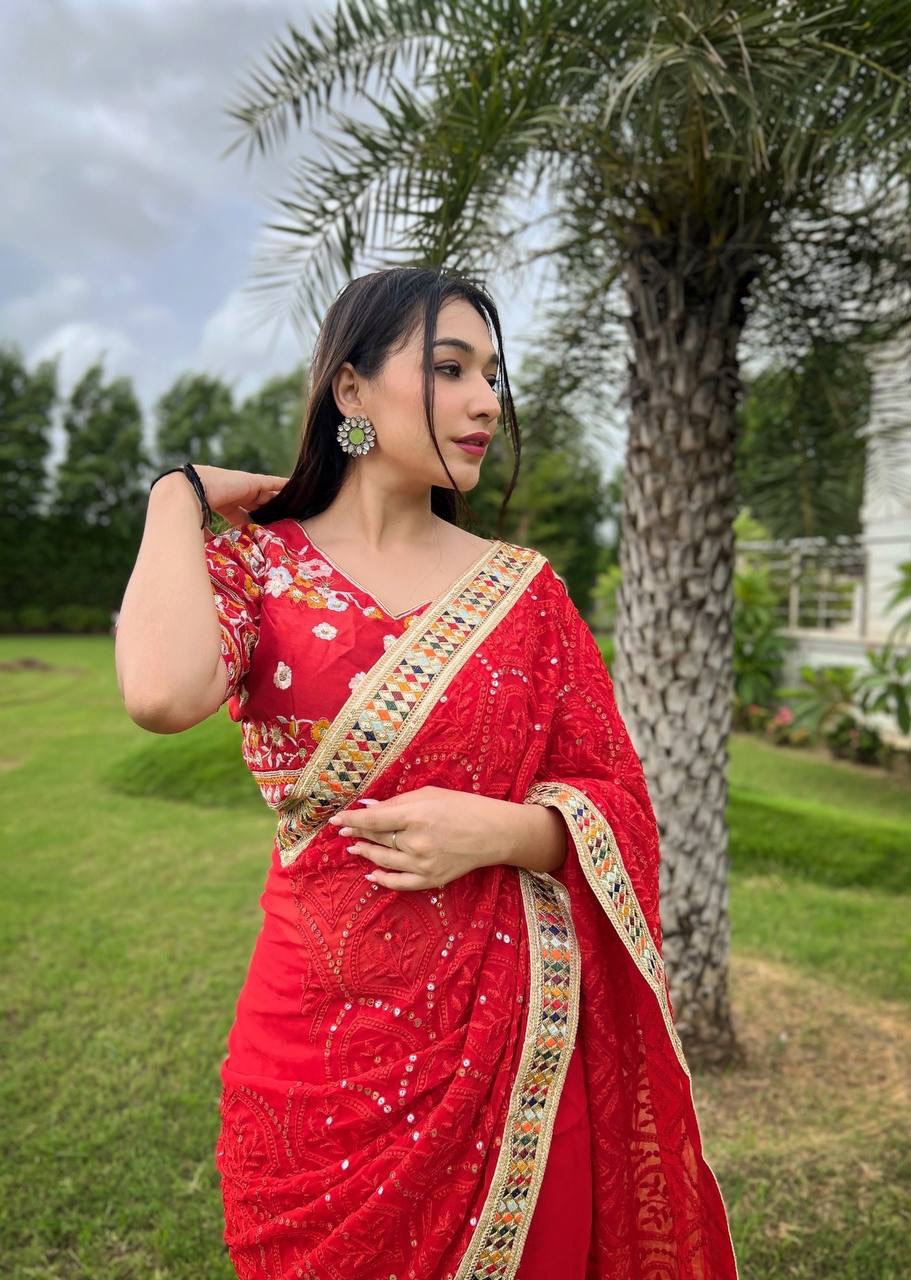 Red Color Heavy Embroidered Work Designer Saree For Wedding Wear