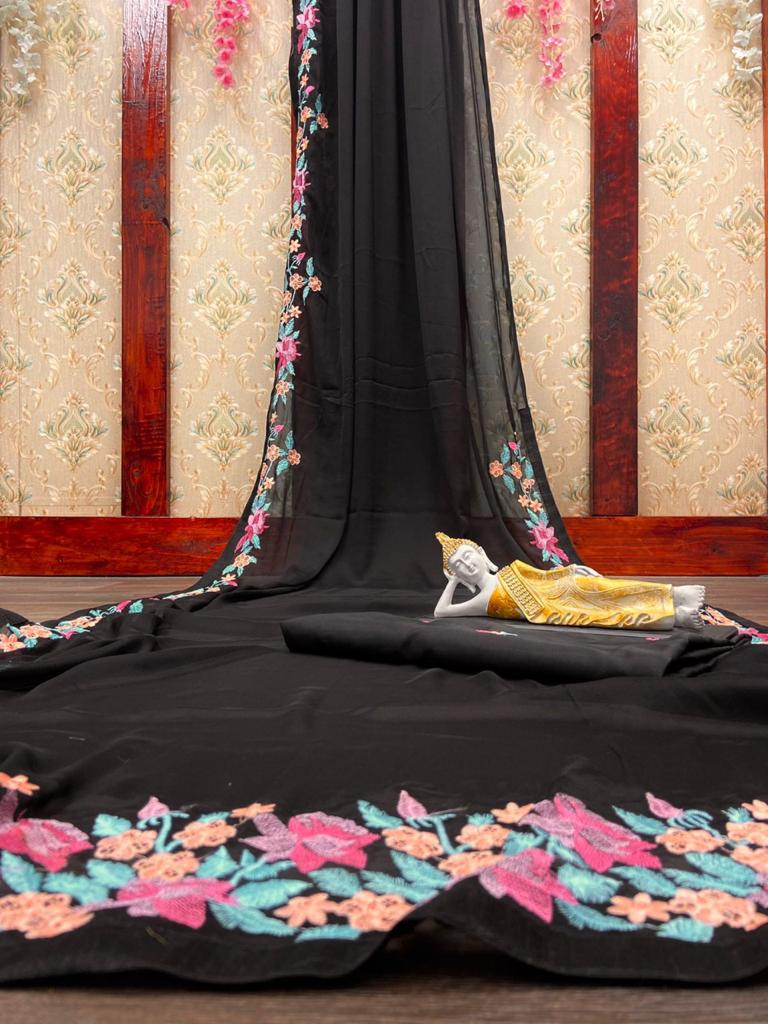 Fantastic Black Color Multi Thread Work Rangoli Silk Saree Blouse