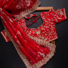 Load image into Gallery viewer, Sizzling Red Color Art Silk Digital Printed Festive Wear Saree Blouse
