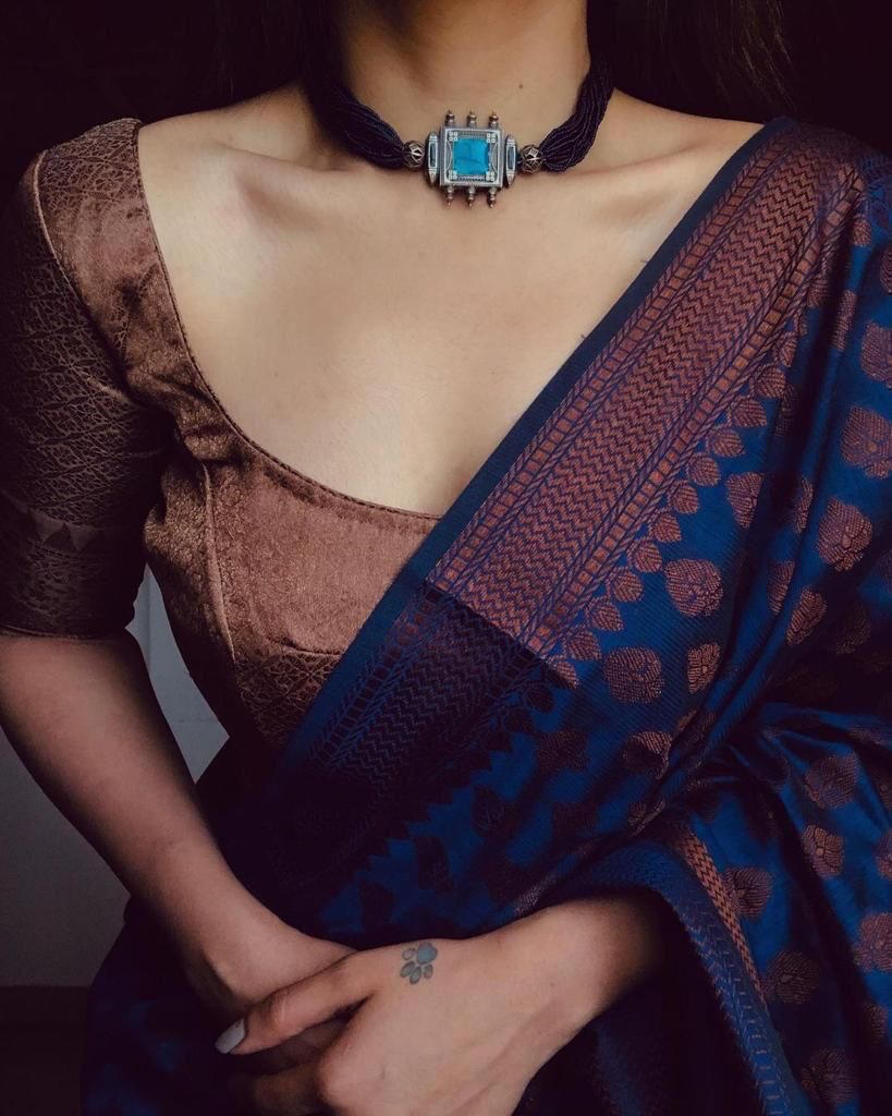 Alluring Blue Color Wedding Wear Kanchipuram Weaving Work Saree Blouse