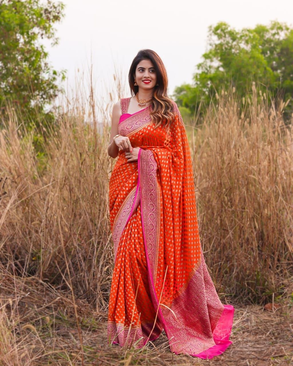 Blooming Orange Color Festive Wear Art Silk Weaving Work Saree Blouse