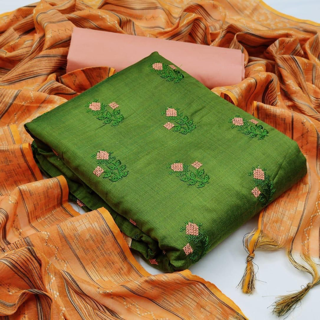 Prodigious Green Color Banarasi Cotton Embroidered Work Casual Wear Suit