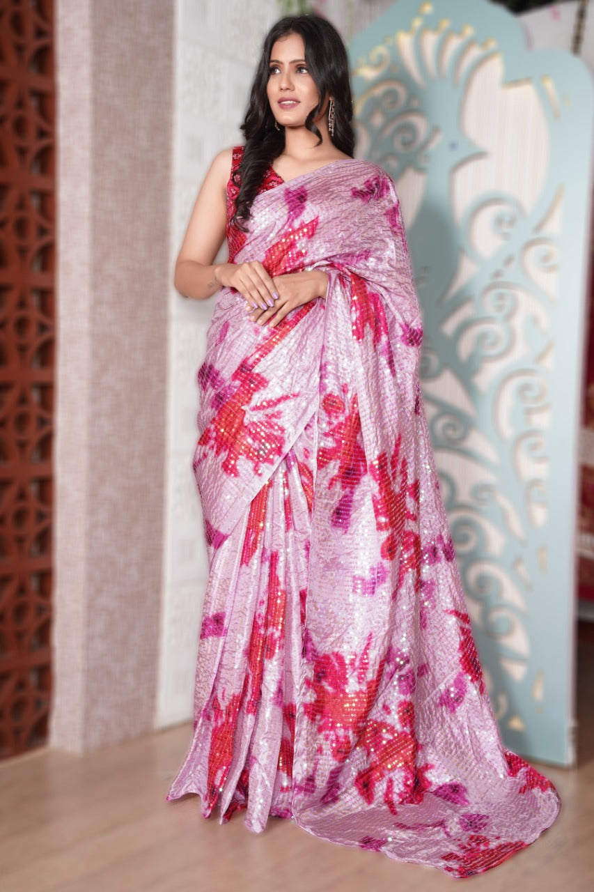 Capricious Pink Color Silk Design Printed Sequence Work Casual Wear Saree Blouse
